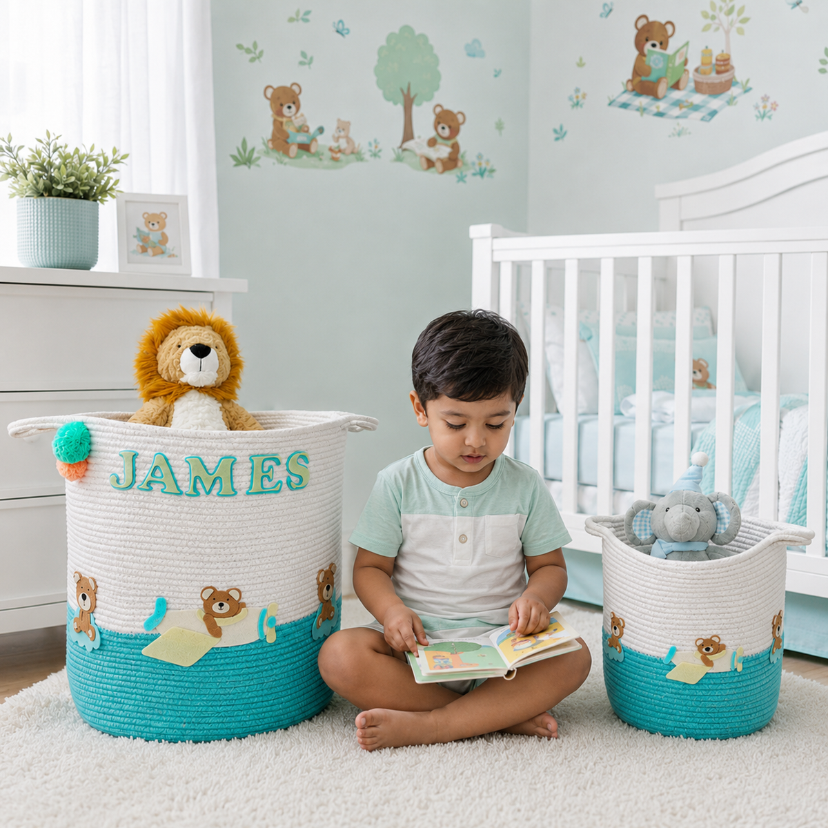 Babble Wrap Jute Cotton Storage Basket - Teddy's Sky Adventure