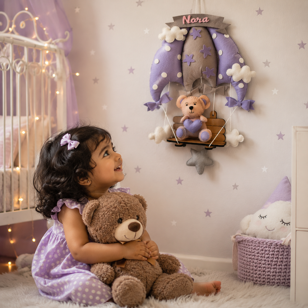 Babble Wrap Dreamy Lavender Teddy On a Swing Name Hanging