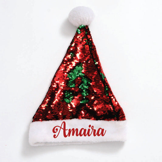 Twinkle & Shine Personalised Luxe Sequins Santa Caps - (Green And Red)
