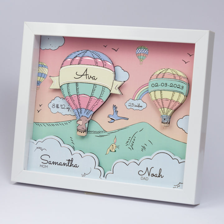 Shadow Box Frame with Silver Foil - Blue Hot Air Balloon