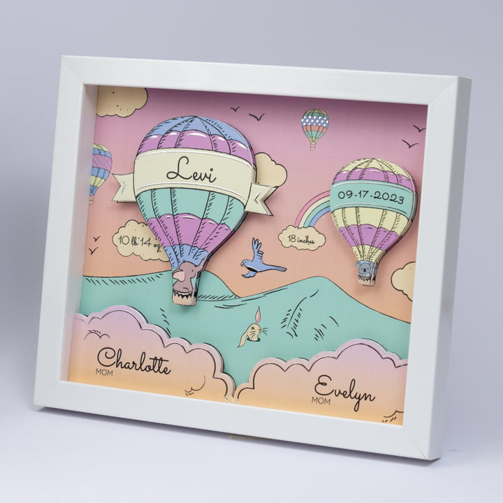 Shadow Box Frame with Silver Foil - Coral Hot Air Balloon