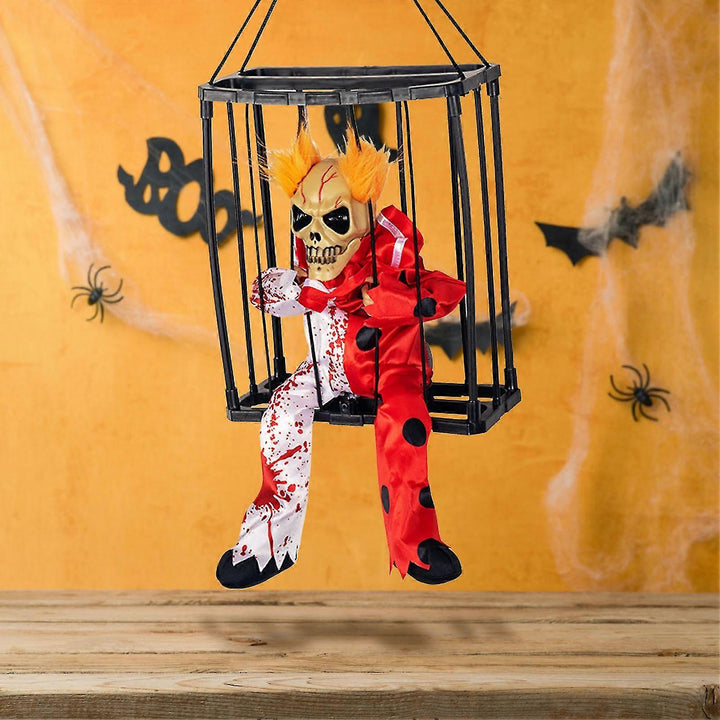 Animated Hanging Skeleton Cage – Bloody Clown