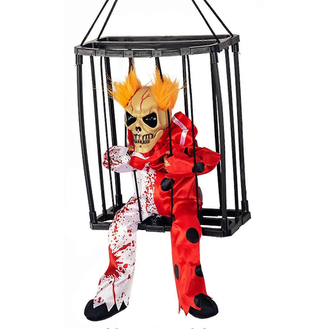Animated Hanging Skeleton Cage – Bloody Clown