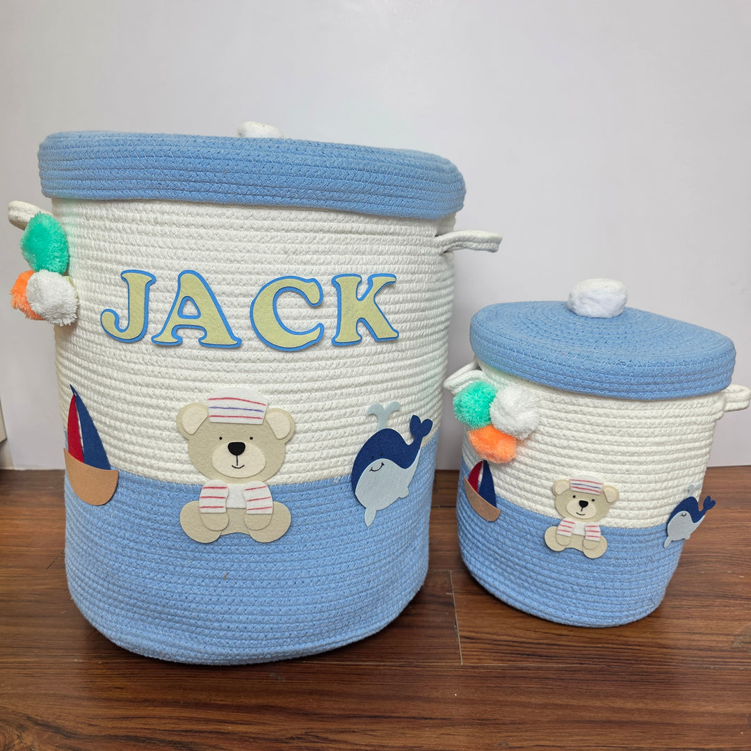 Babble Wrap Jute Cotton Storage Basket with Lid- Seaside Skies