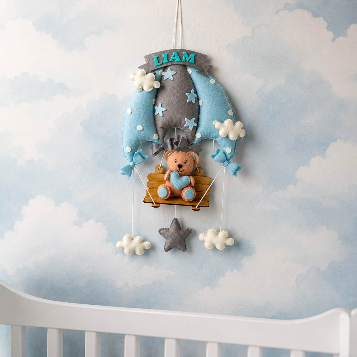 Babble Wrap Blue Teddy On a Swing Name Hanging