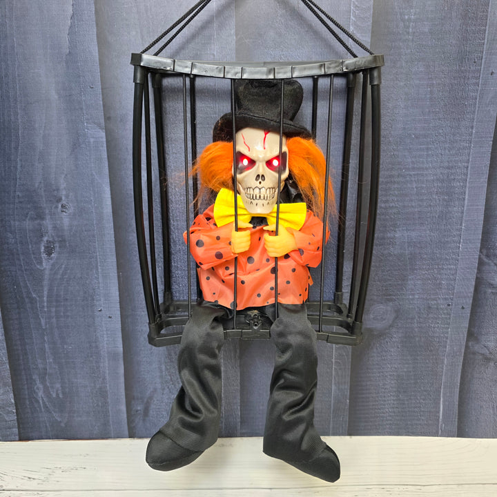 Animated Hanging Skeleton Cage – Evil Jester