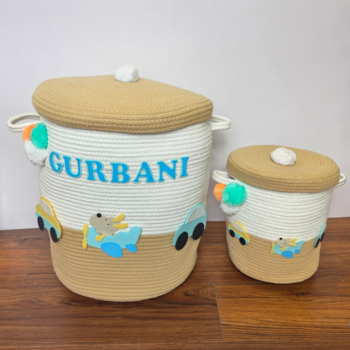 Babble Wrap Jute Cotton Storage Basket with Lid-Wings & Wheels Wonderland
