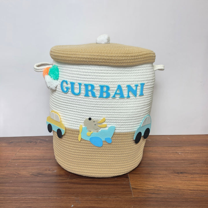 Babble Wrap Jute Cotton Storage Basket with Lid-Wings & Wheels Wonderland