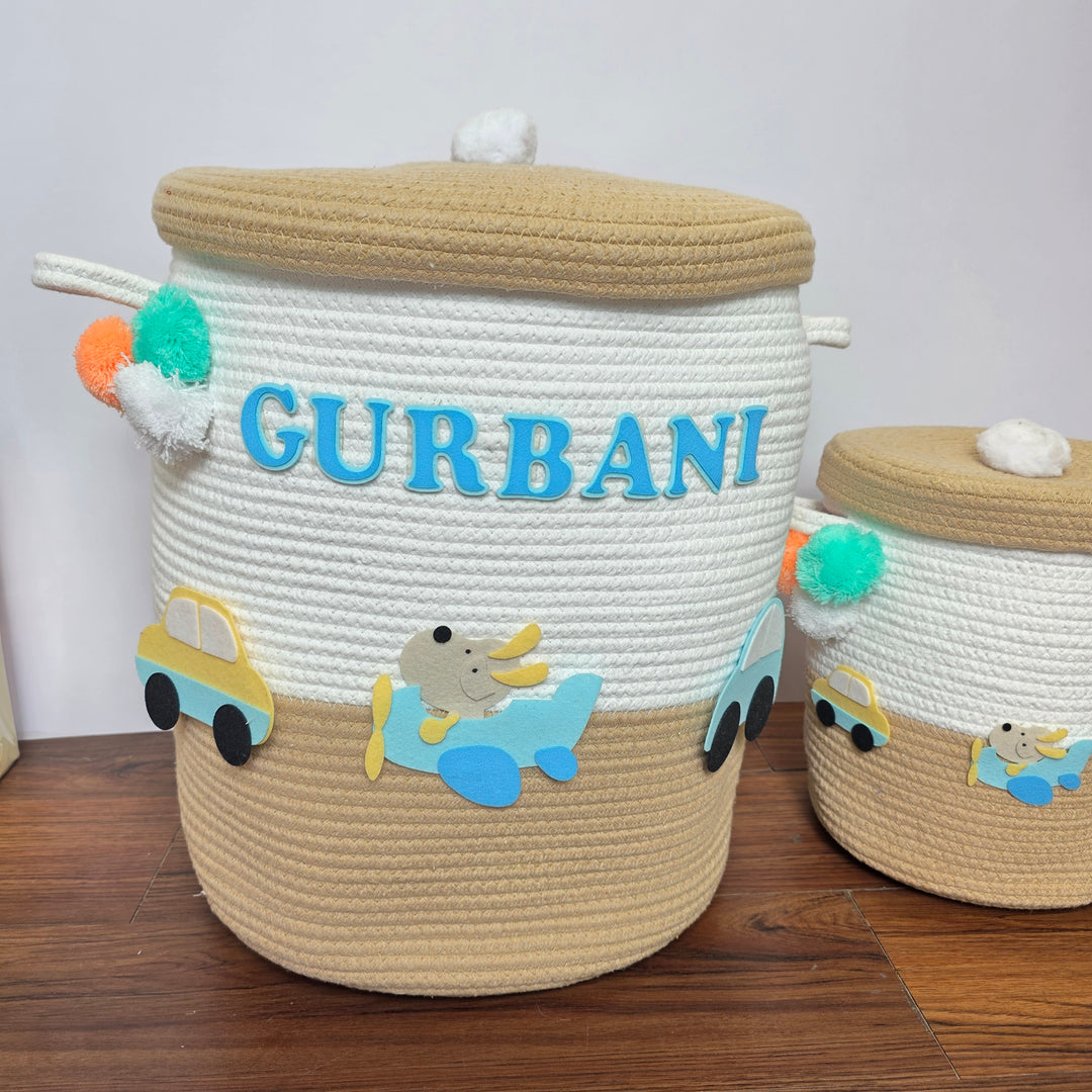 Babble Wrap Jute Cotton Storage Basket with Lid-Wings & Wheels Wonderland