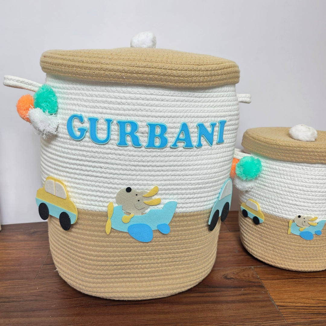 Babble Wrap Jute Cotton Storage Basket with Lid-Wings & Wheels Wonderland