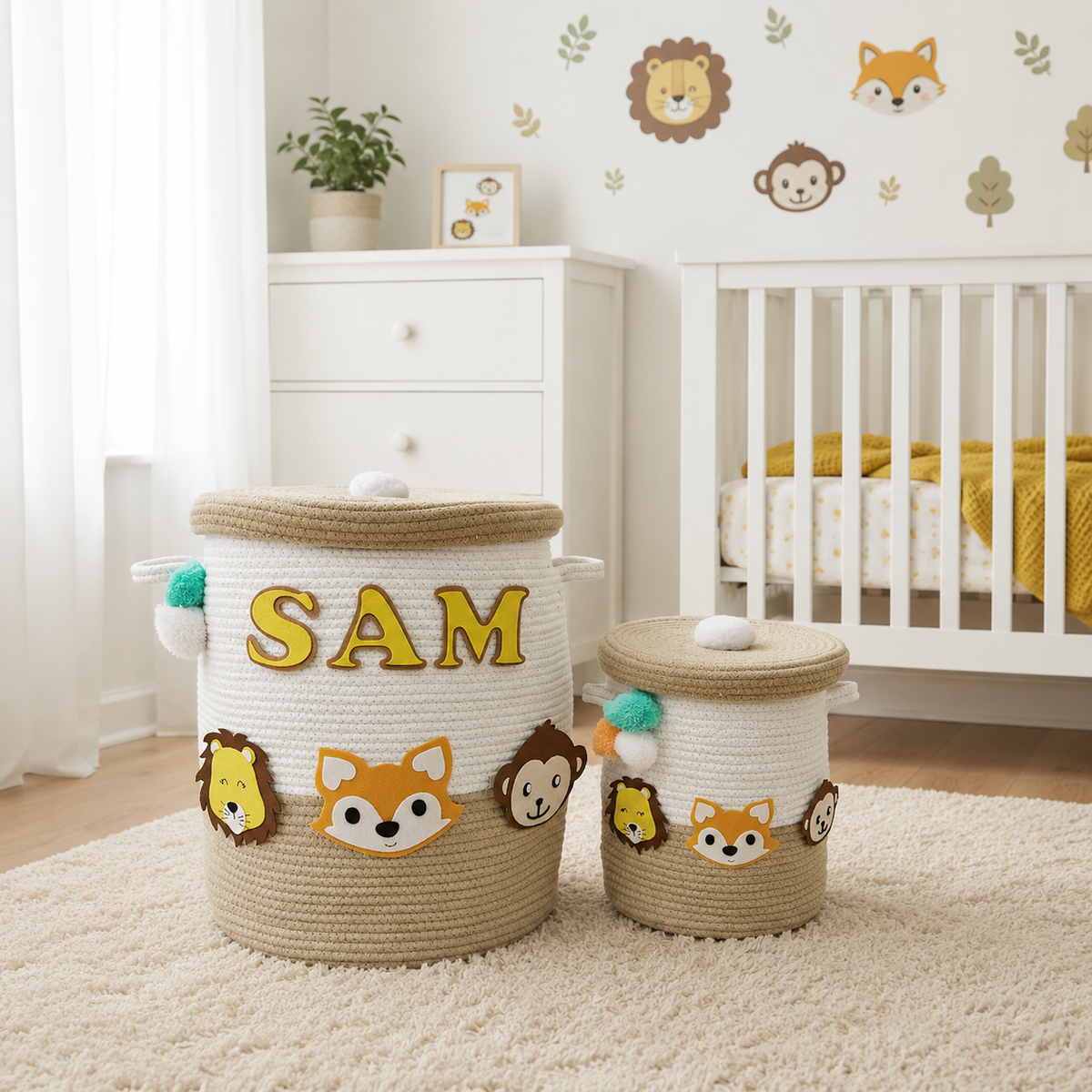 Babble Wrap Jute Cotton Storage Basket with Lid - Safari Snuggles