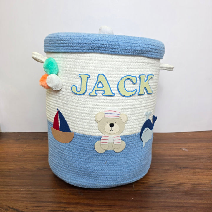 Babble Wrap Jute Cotton Storage Basket with Lid- Seaside Skies