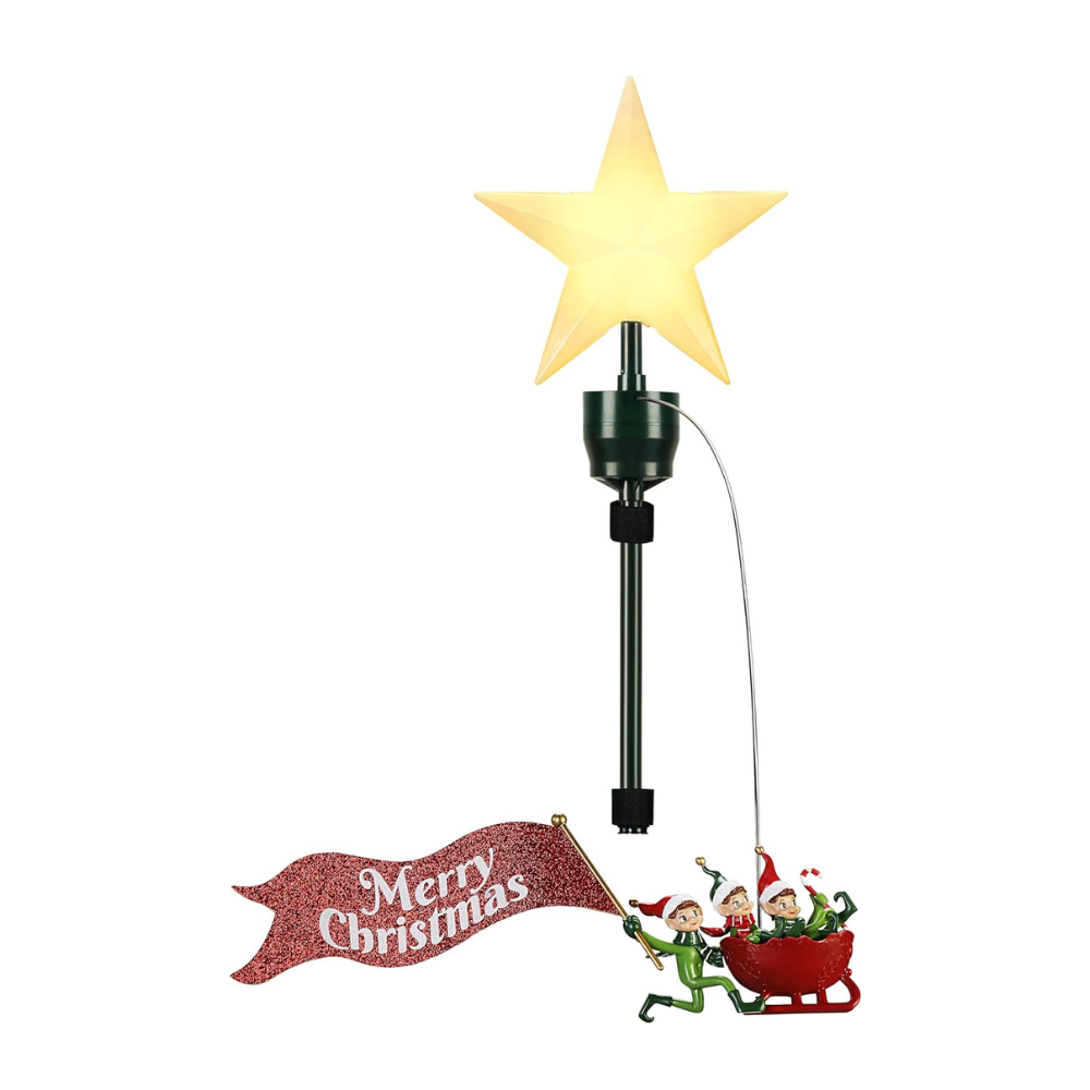 Animated Elves-on-the-Run Tree Topper with Banner