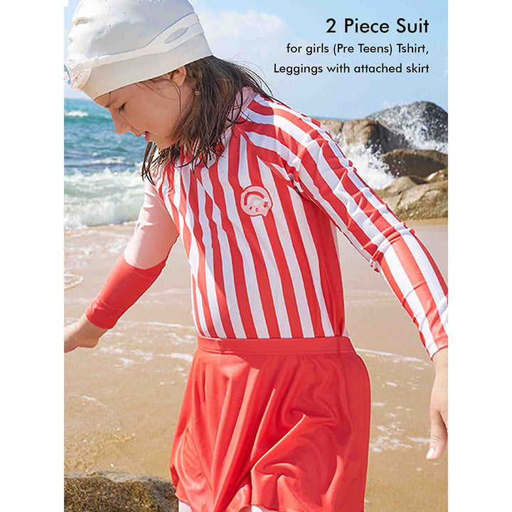 2 pcs Coral Stripes Full Length Swimsuit for Girls with UPF 50+