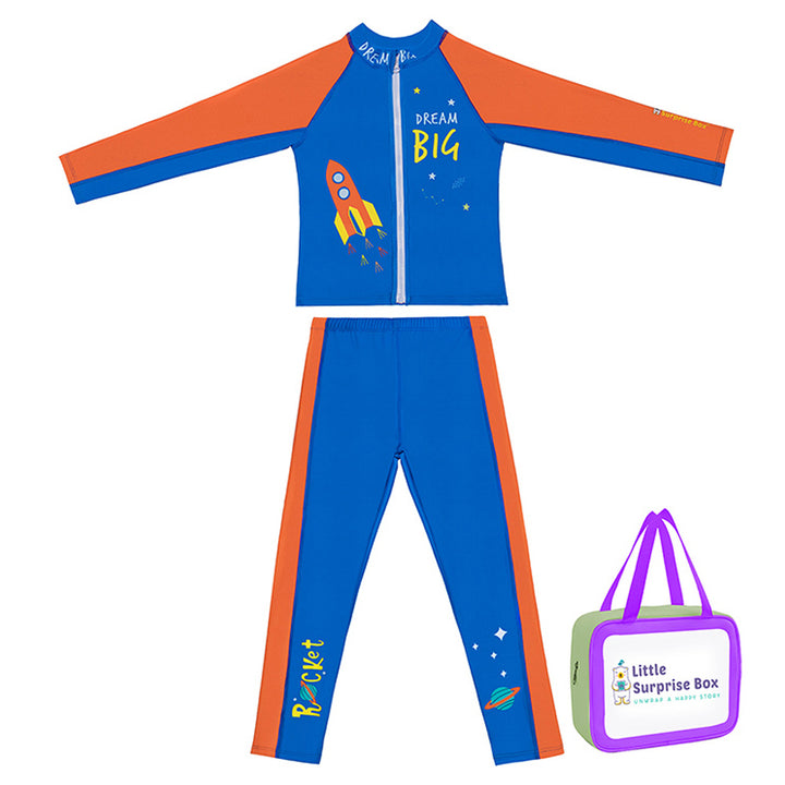 2 pcs Shirt & Pants set Blue & Orange Space Swimwear Full length for Kids with UPF 30+