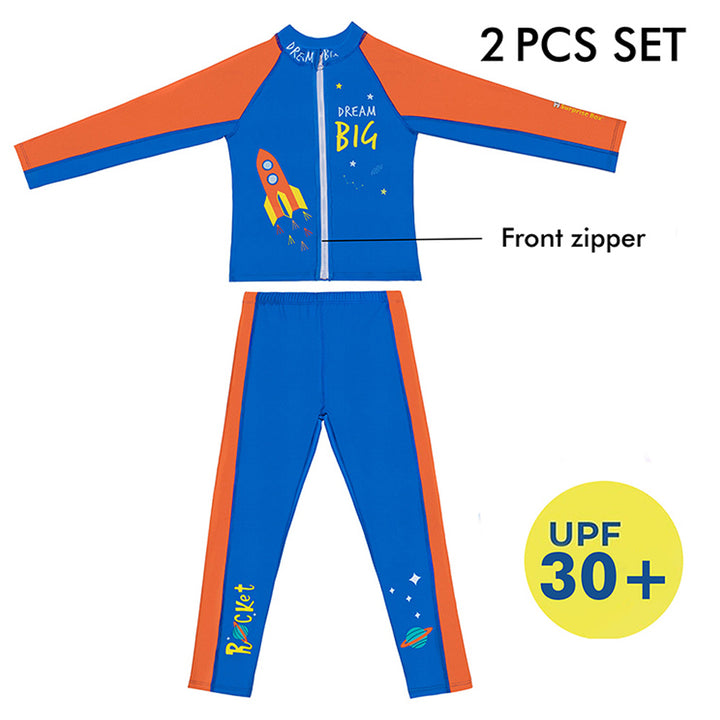 2 pcs Shirt & Pants set Blue & Orange Space Swimwear Full length for Kids with UPF 30+