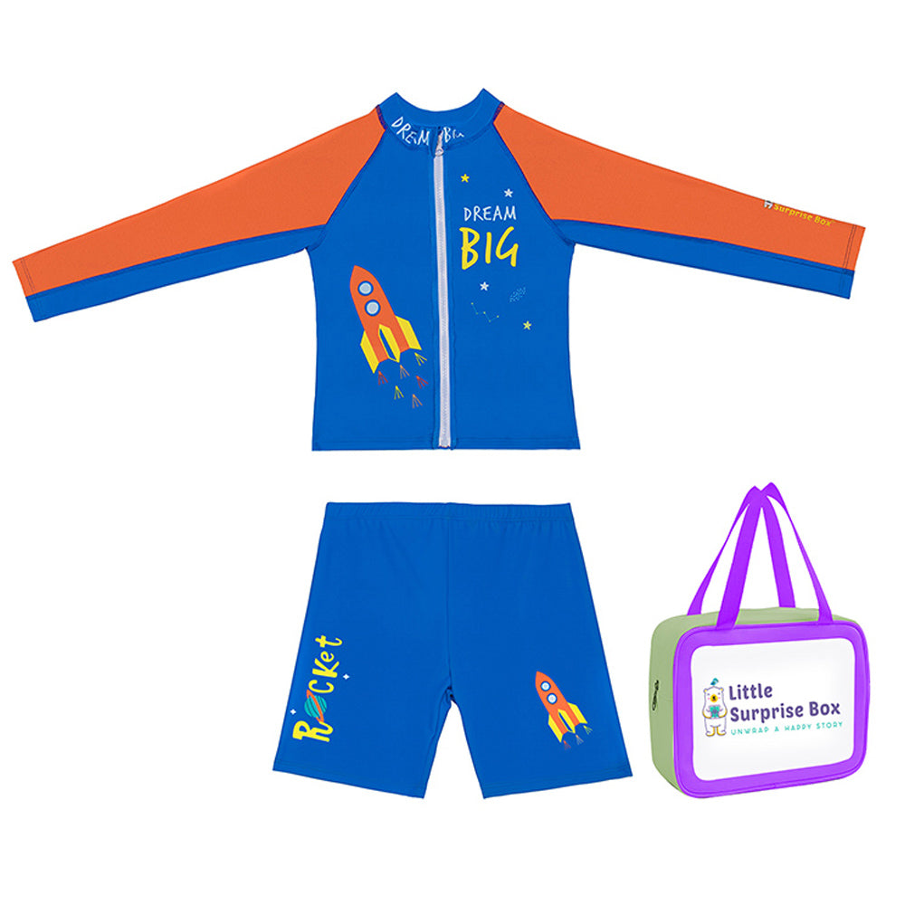 2 pcs Shirt & Shorts Set Blue & Orange Space Swimwear Knee Length for Kids with UPF 30+