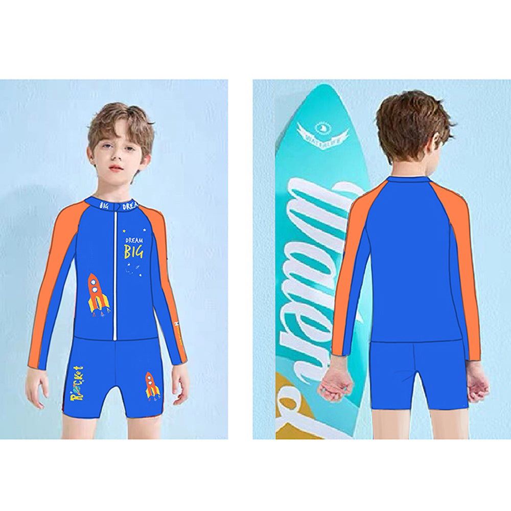 2 pcs Shirt & Shorts Set Blue & Orange Space Swimwear Knee Length for Kids with UPF 30+