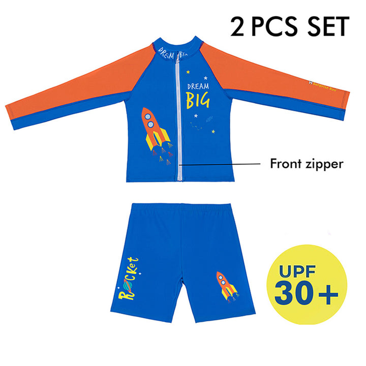 2 pcs Shirt & Shorts Set Blue & Orange Space Swimwear Knee Length for Kids with UPF 30+