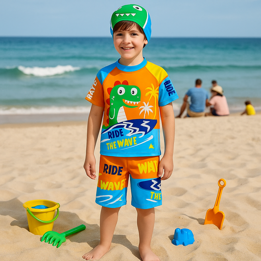 2pcs Dino Wave Rider Swim Set with Cap