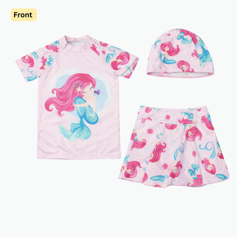 2pcs Pink Tide Mermaid Swim Set with Cap
