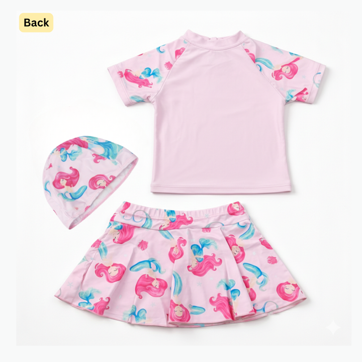 2pcs Pink Tide Mermaid Swim Set with Cap