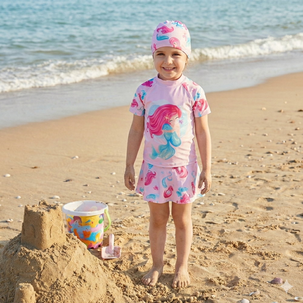 2pcs Pink Tide Mermaid Swim Set with Cap