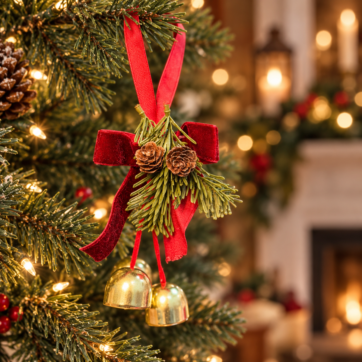 3 Bell Pinecone & Velvet Bow Tree Hanging
