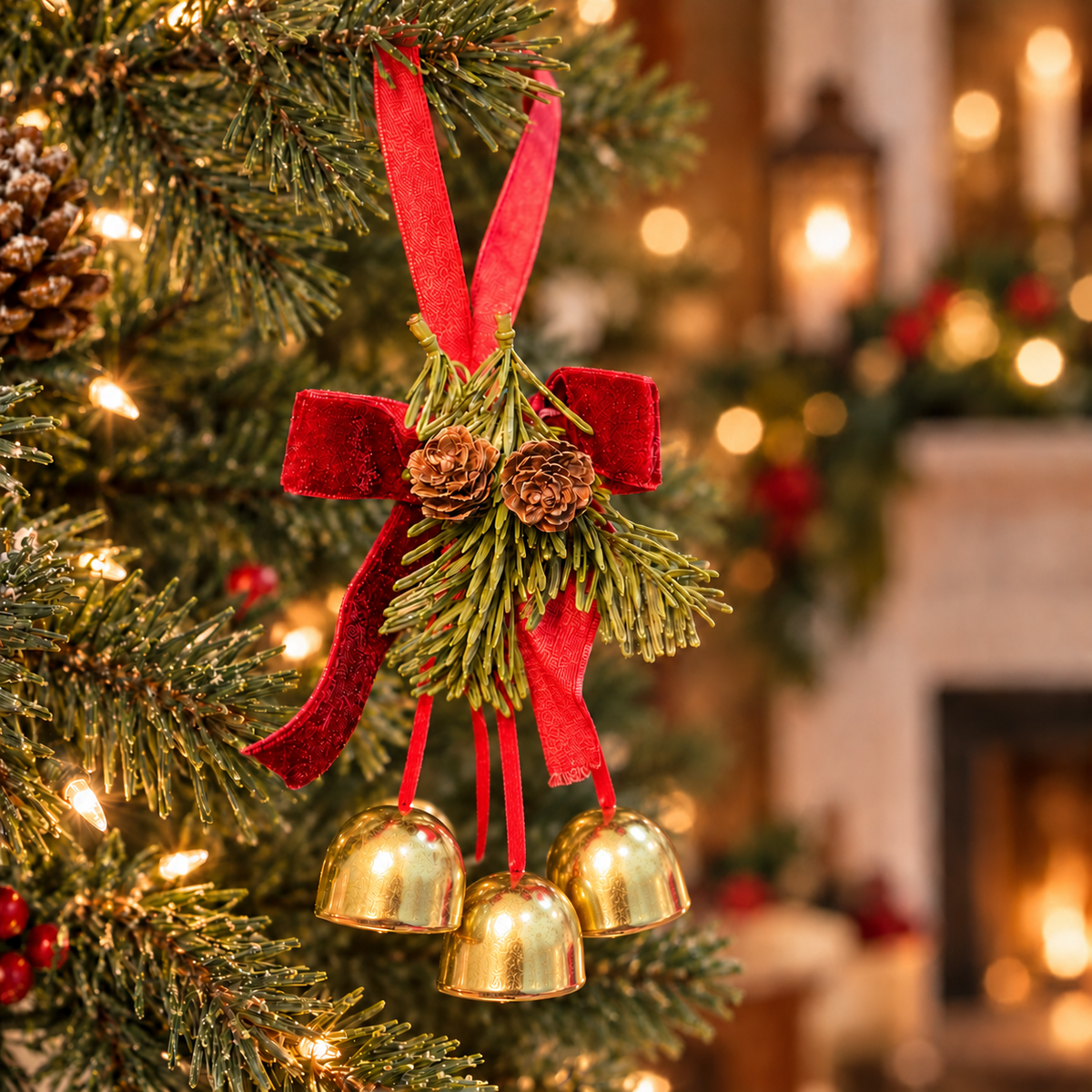 3 Bell Pinecone & Velvet Bow Tree Hanging