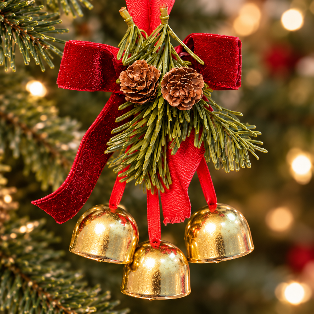 3 Bell Pinecone & Velvet Bow Tree Hanging