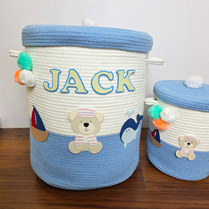 Babble Wrap Jute Cotton Storage Basket with Lid- Seaside Skies
