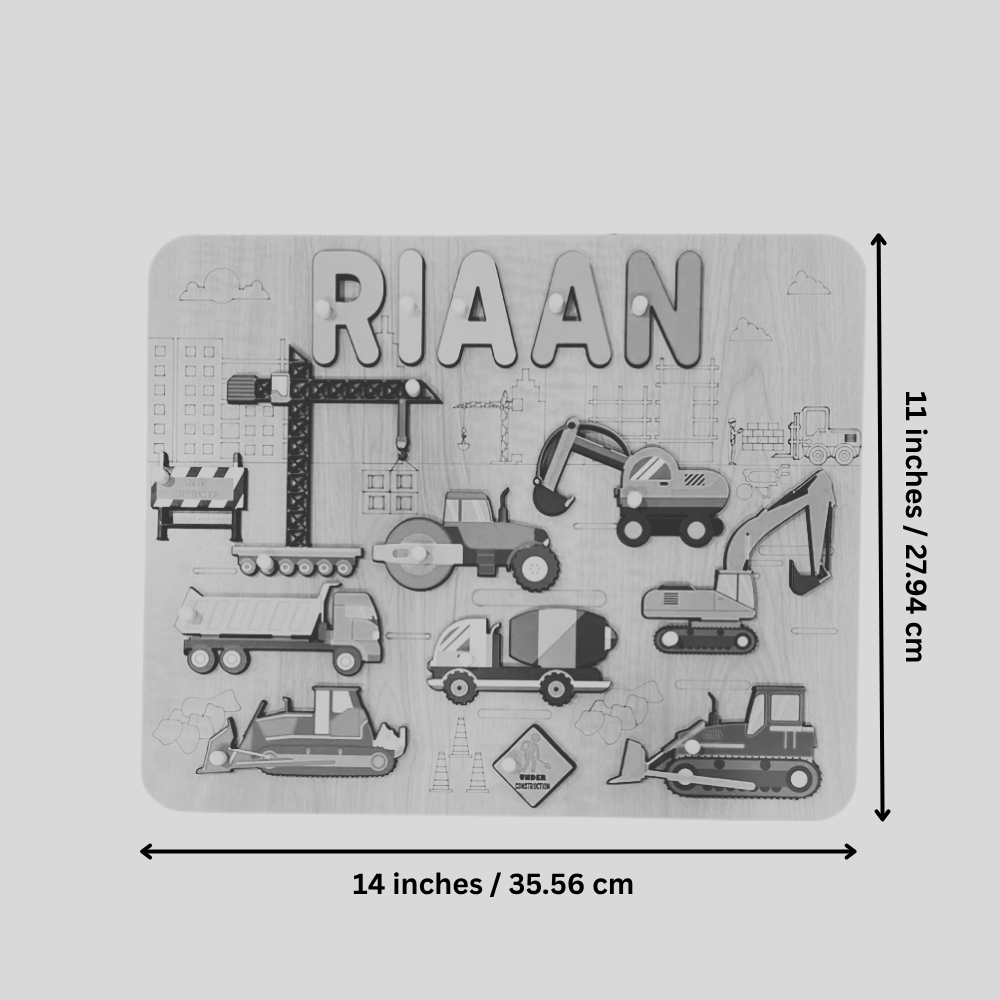 Personalised Wooden Name Puzzle- Construction Site (Vibrant)