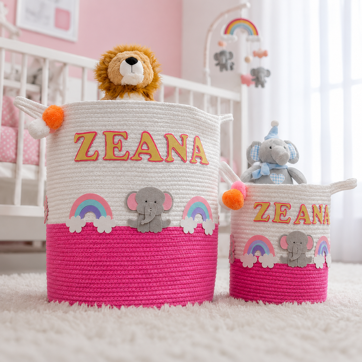 Babble Wrap Jute Cotton Storage Basket - Elephant’s Magical Rainbow