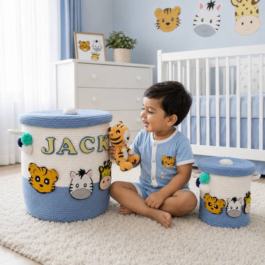 Babble Wrap Jute Cotton Storage Basket with Lid - Zooblu