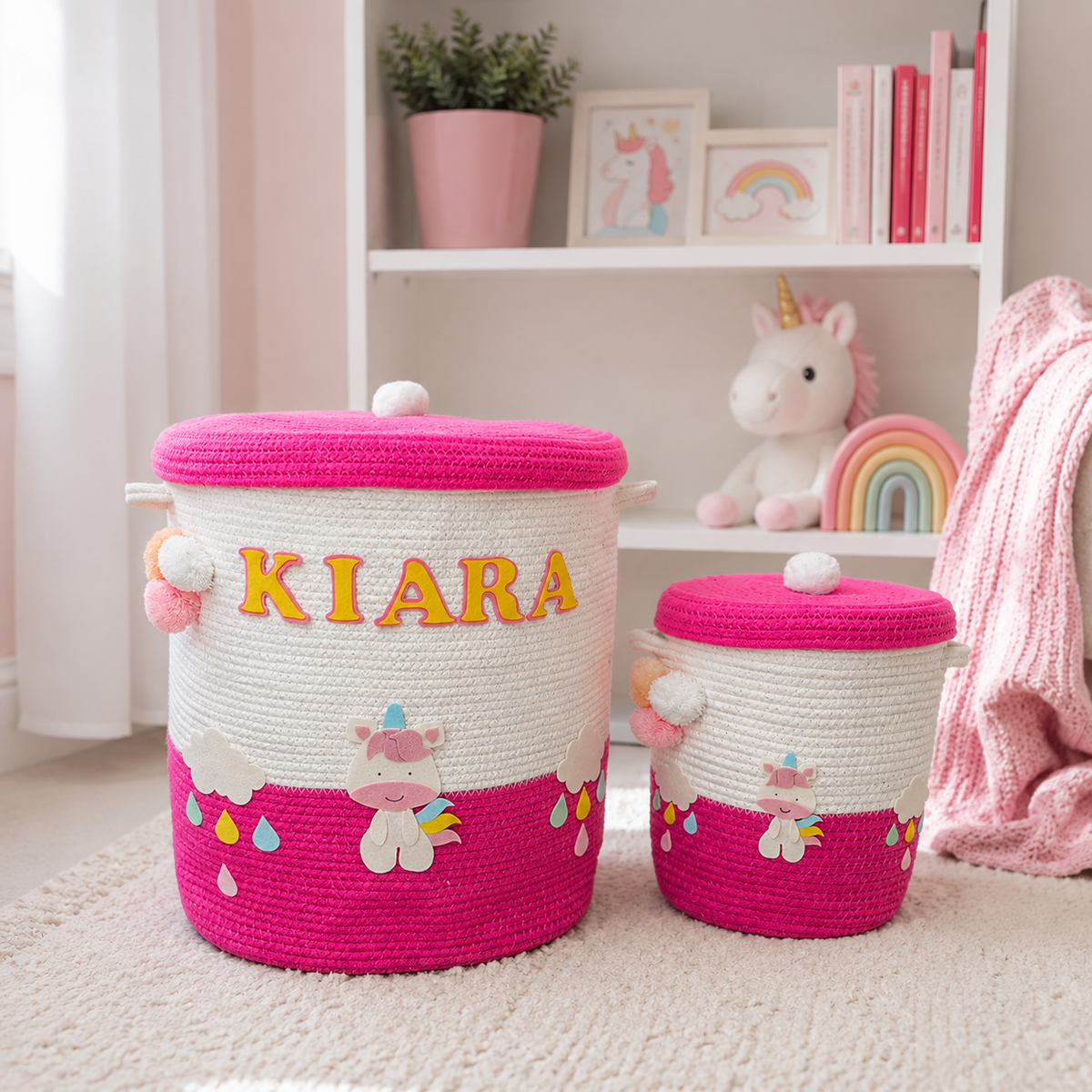 Babble Wrap Jute Cotton Storage Basket with Lid-Rainbow Unicorn Delight