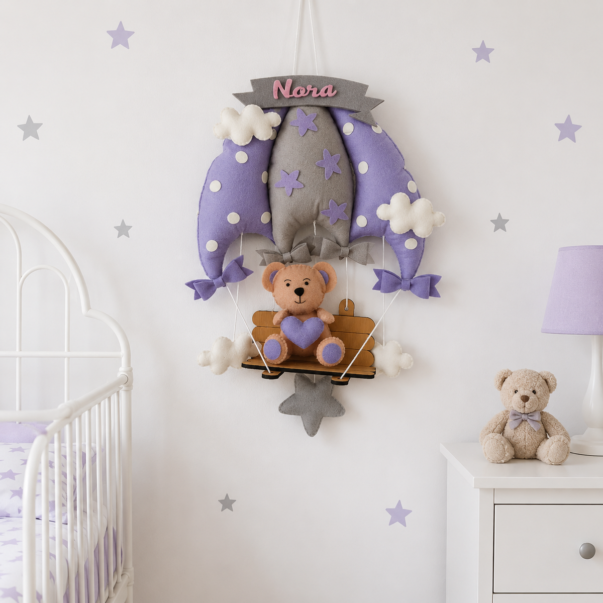 Babble Wrap Dreamy Lavender Teddy On a Swing Name Hanging