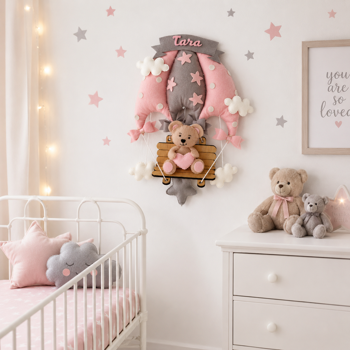 Babble Wrap Blush Pink Teddy On a Swing Name Hanging