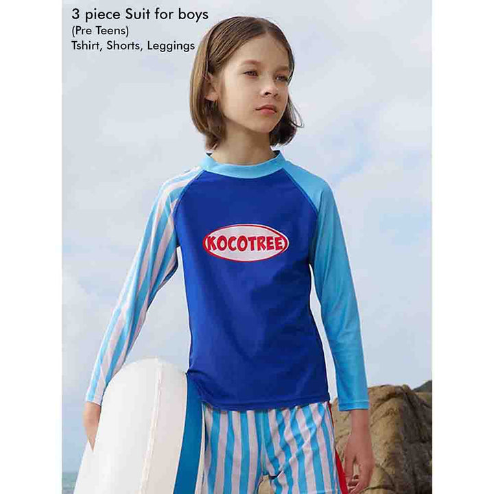 3 pcs Light Blue Stripes Swimsuit for Boys with UPF 50+