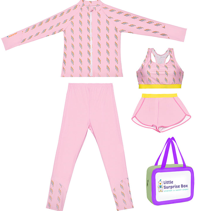 3 pcs Pink ThunderBolt Matching Top, Leggings & Jacket Style Swimwear Set for Pre Teens & Teens