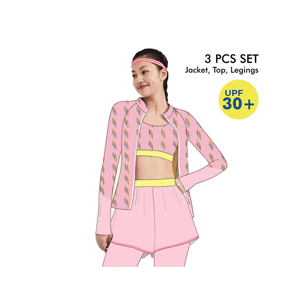 3 pcs Pink ThunderBolt Matching Top, Leggings & Jacket Style Swimwear Set for Pre Teens & Teens