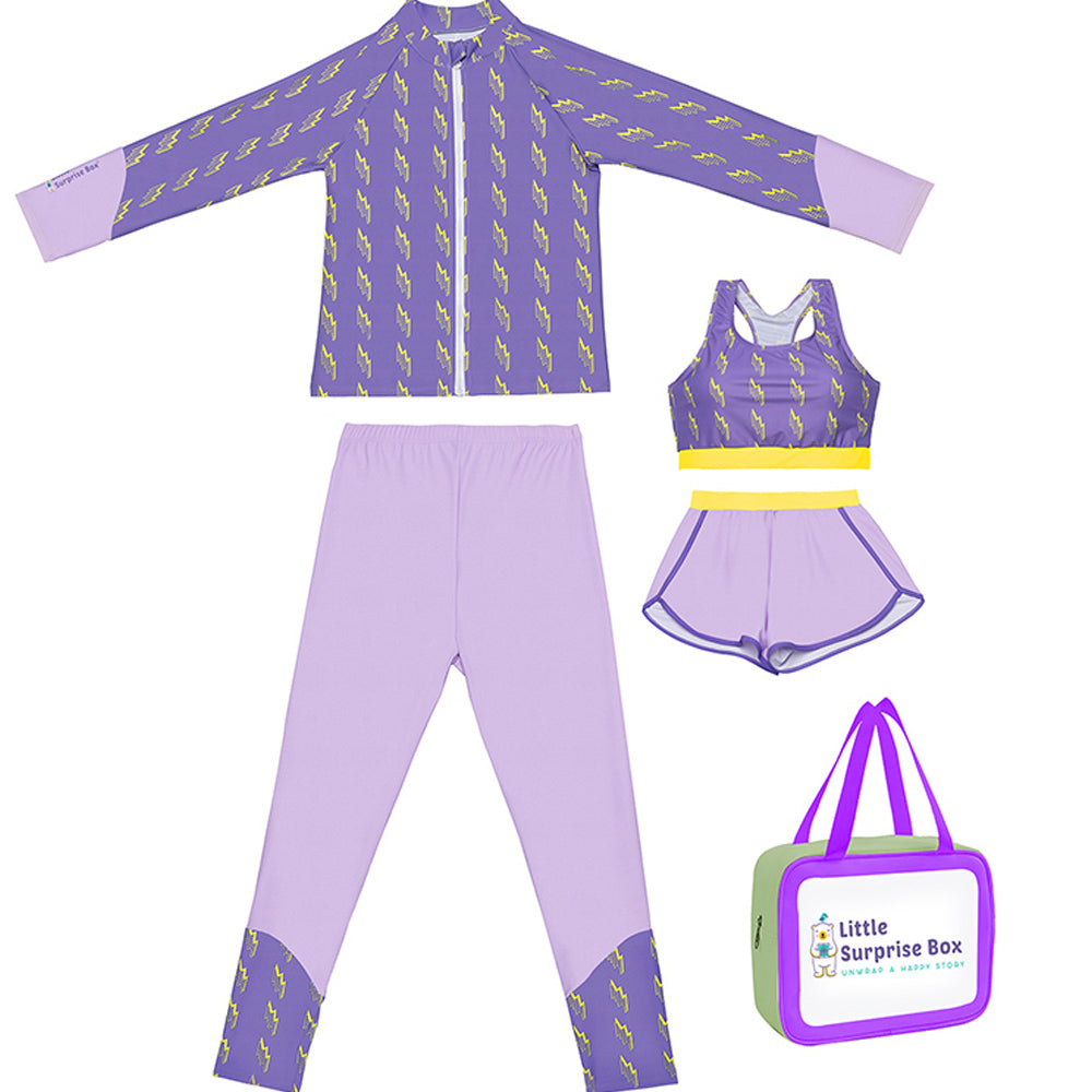 3 pcs Purple ThunderBolt Matching Top, Leggings & Jacket style Swimwear Set for Pre Teens & Teens