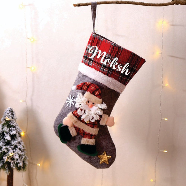 Babble Wrap Plaid Band Stockings- Happy Santa