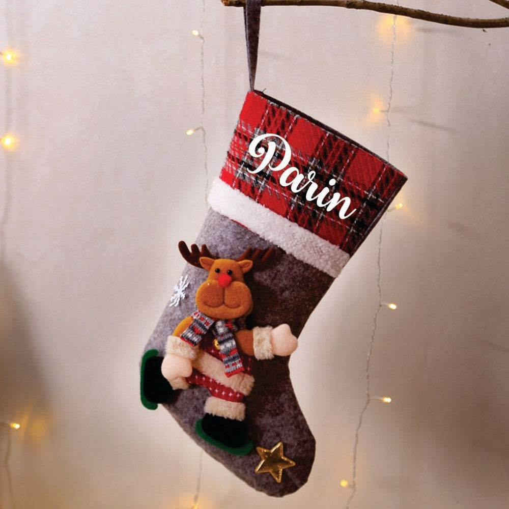 Babble Wrap Plaid Band Stockings- Merry Moose