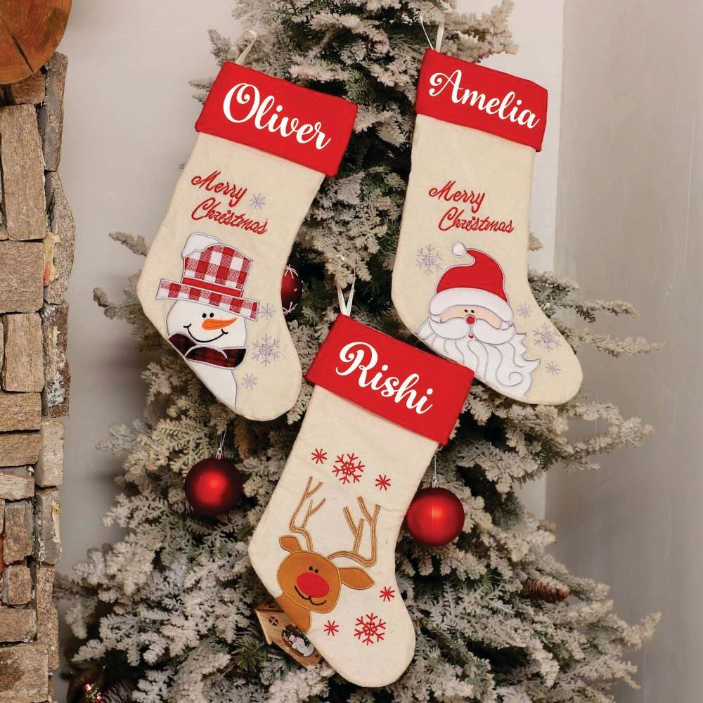 Red Band Linen Stockings- Reindeer with Snowflake