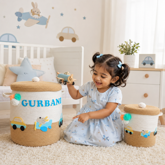 Babble Wrap Jute Cotton Storage Basket with Lid-Wings & Wheels Wonderland