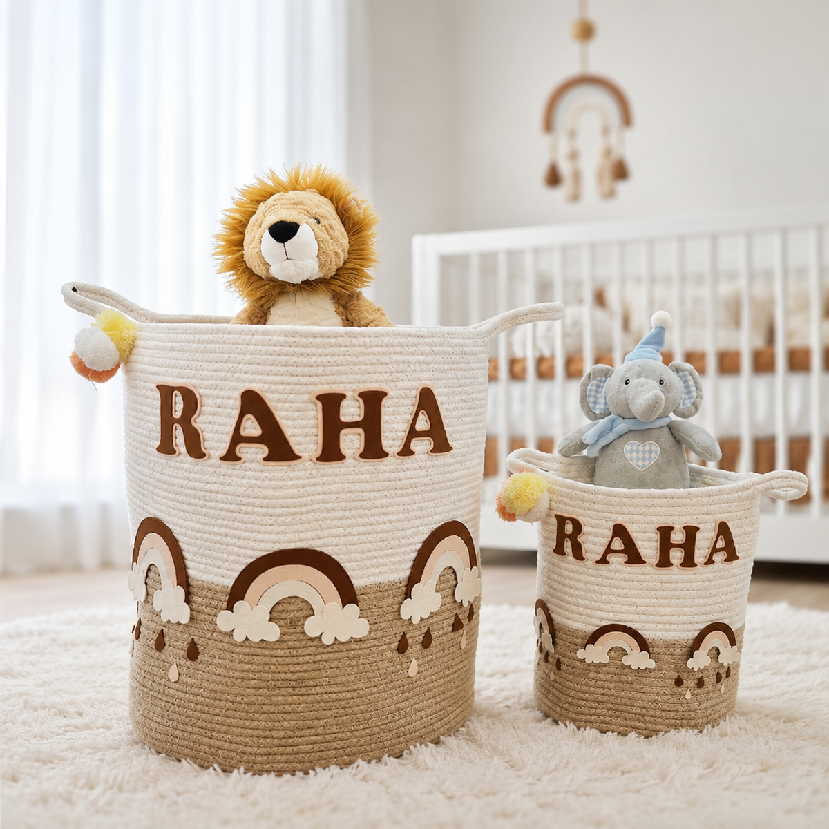 Babble Wrap Jute Cotton Storage Basket - Rainbow Raindrops