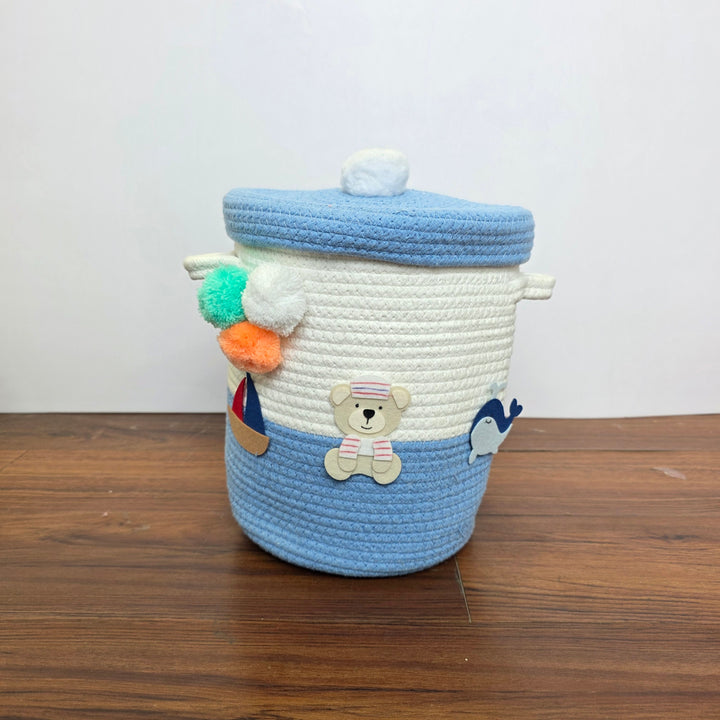Babble Wrap Jute Cotton Storage Basket with Lid- Seaside Skies