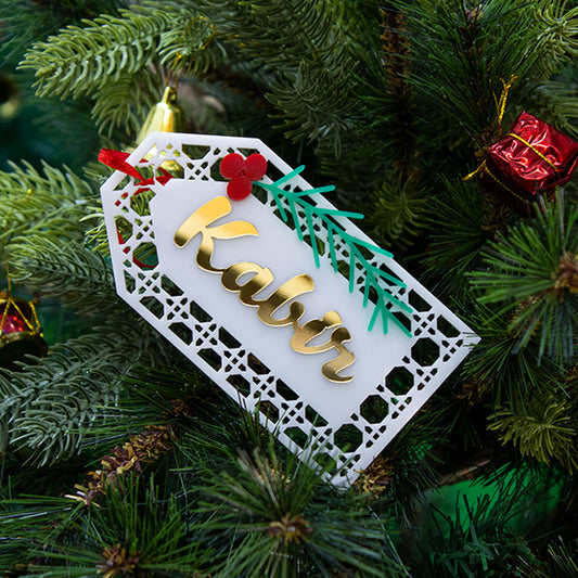 Babble Wrap Pine Berry Rattan Tag Ornament- White