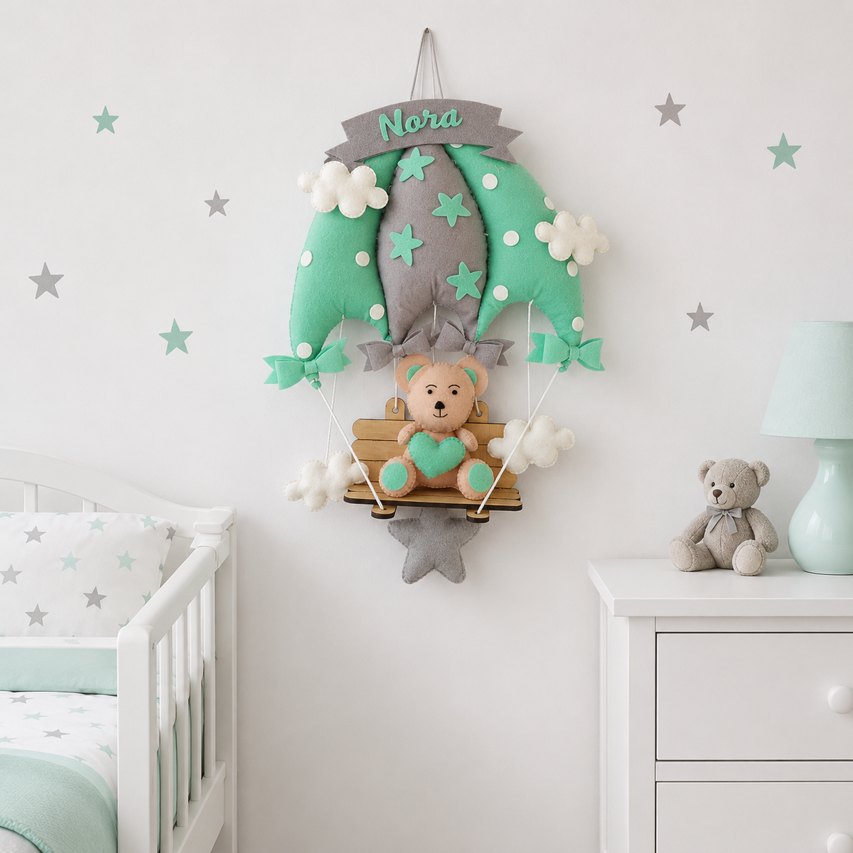 Babble Wrap Minty Green Teddy On a Swing Name Hanging