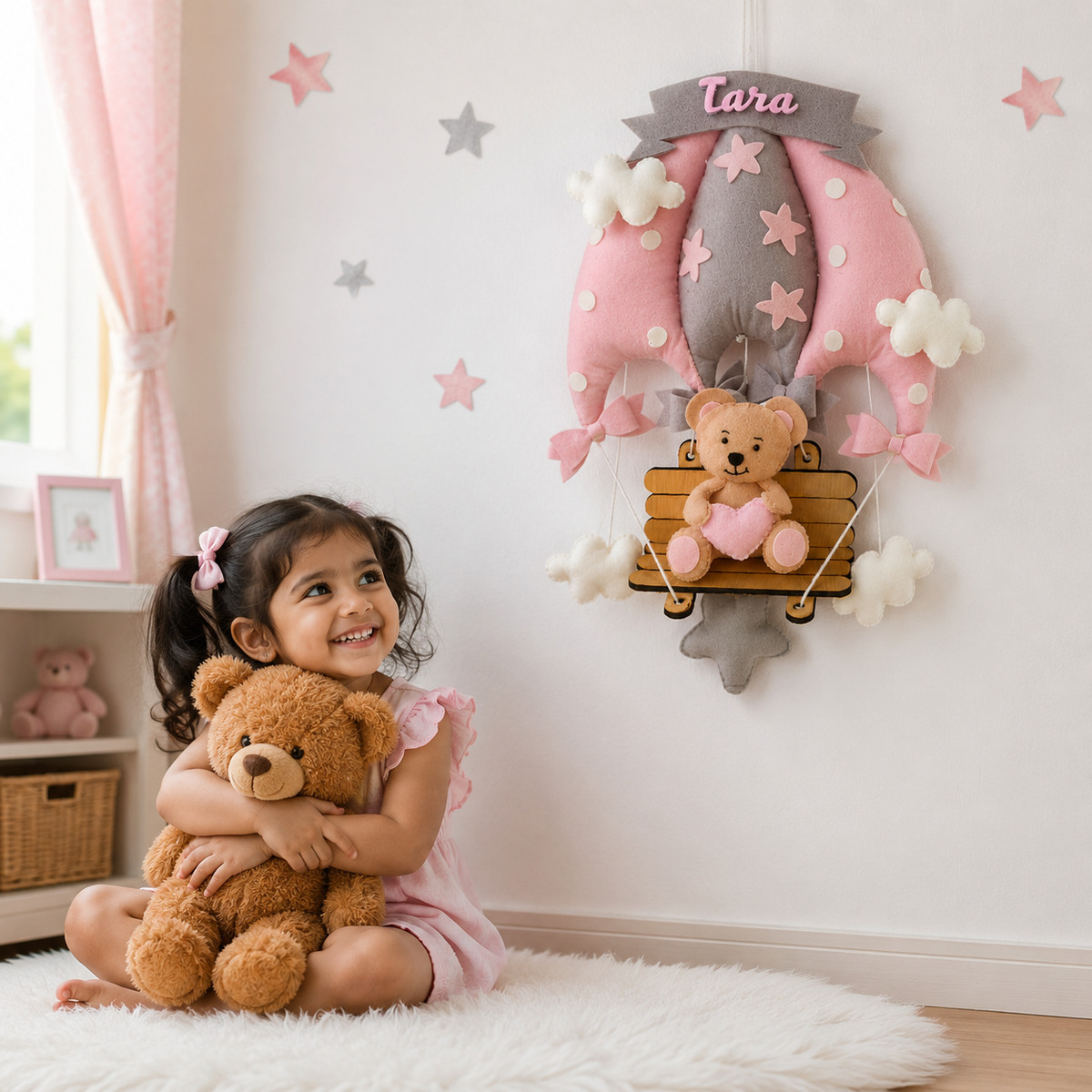 Babble Wrap Blush Pink Teddy On a Swing Name Hanging